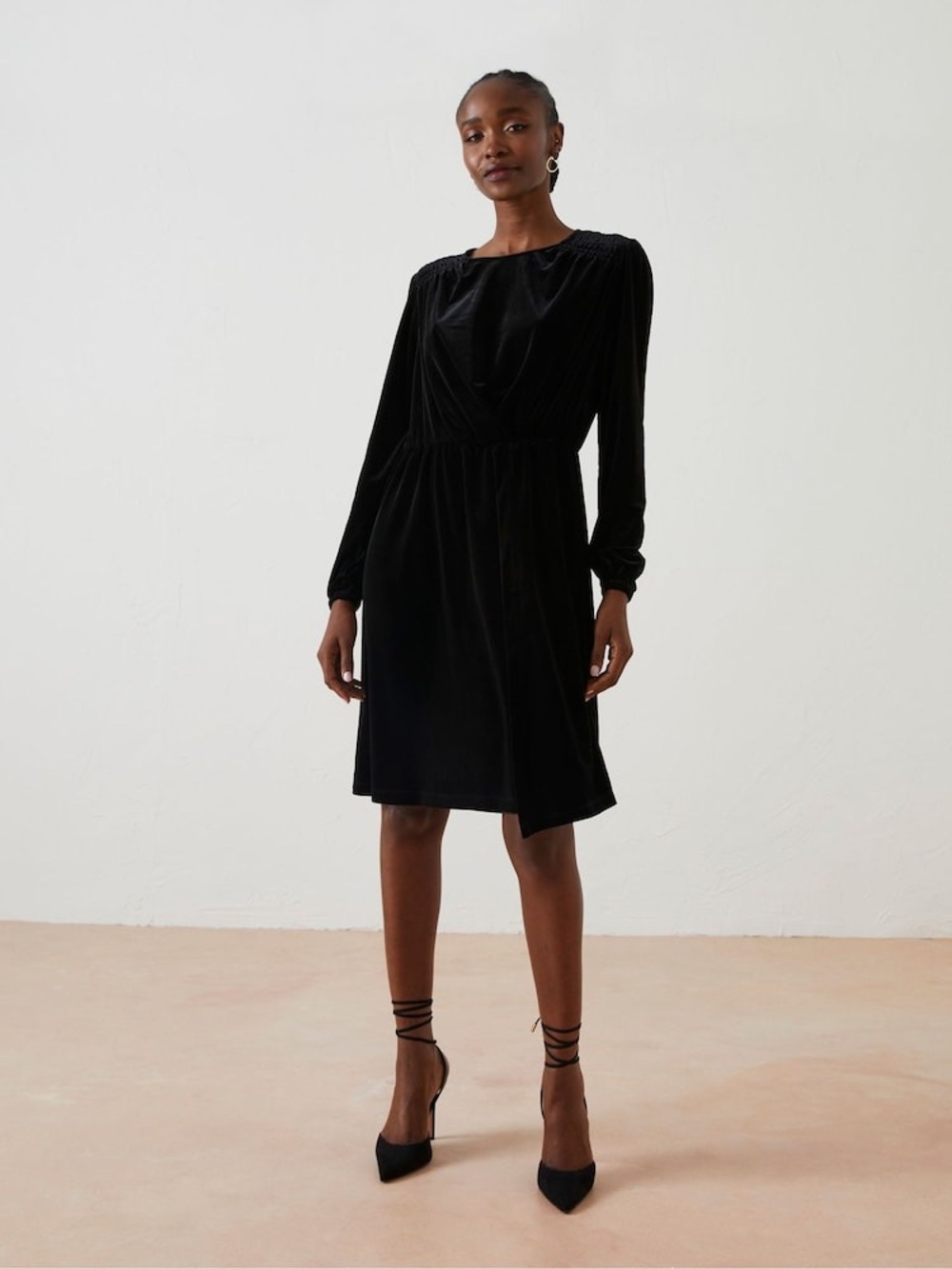 FatFace Black Velvet Long Sleeve Knee Dress